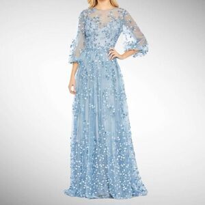 Mac Duggal Embroidered Puff Sleeves A Line Gown in Blue 79399 Size 6